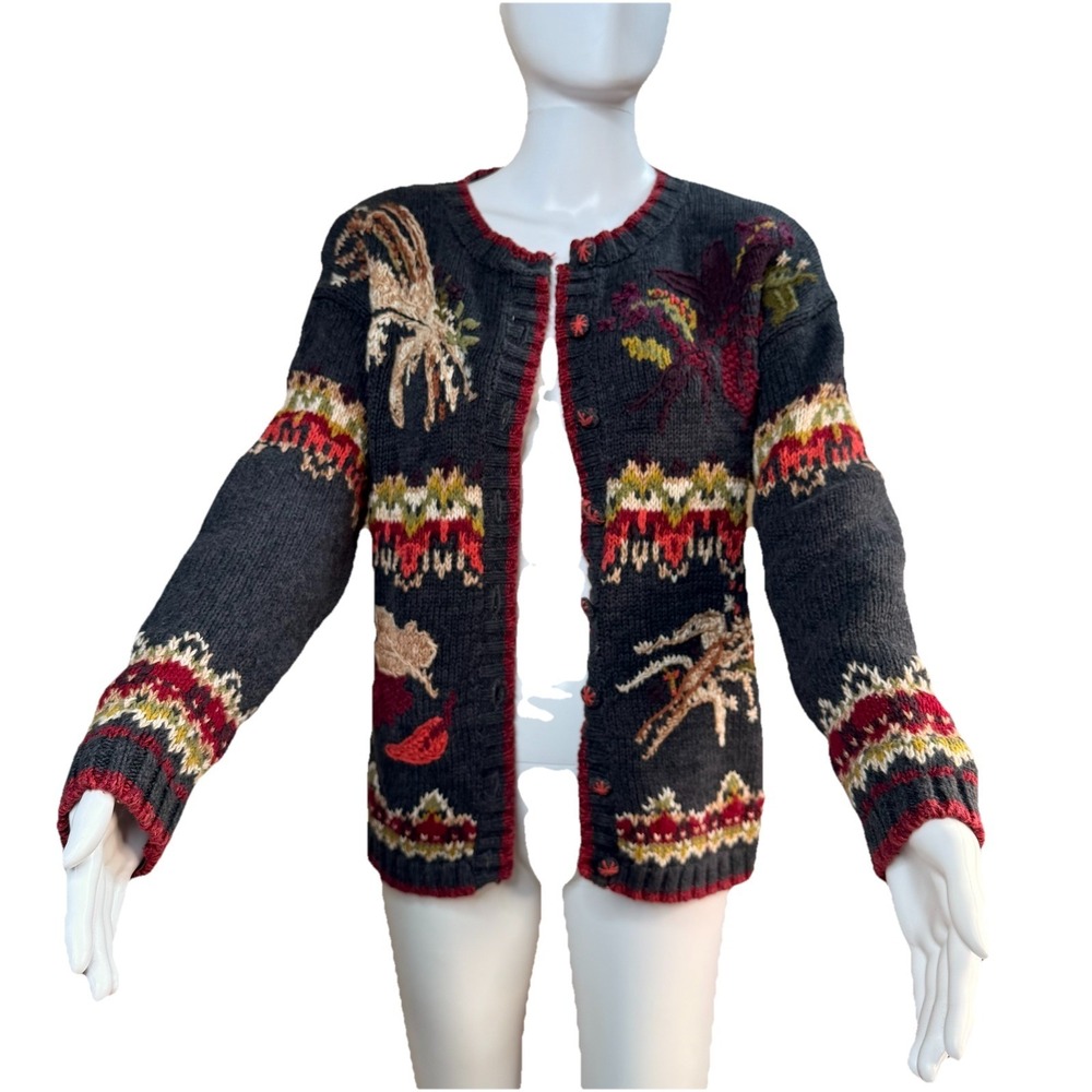 Tiara International Vintage Floral Embroidered Ramie/cotton Charcoal Sweater‎  M